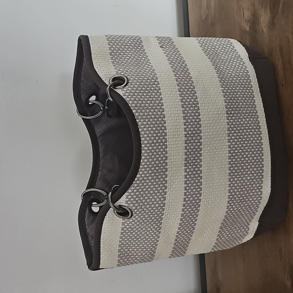 NWT Thirty One Bag Brown and Cream Colored Woven Double Handled Tote